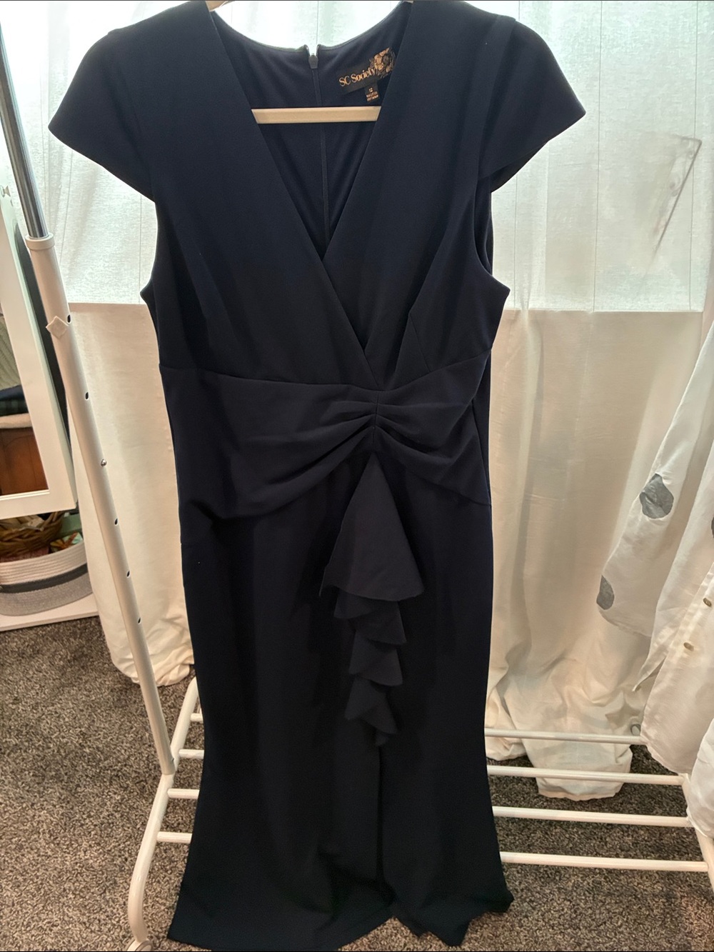 SC Society Navy V‑Neck Twist‑Front Midi Dress